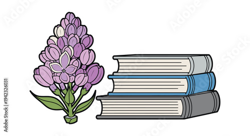 Illustration of a Lilac Flower Cluster Beside a Stack of Books.