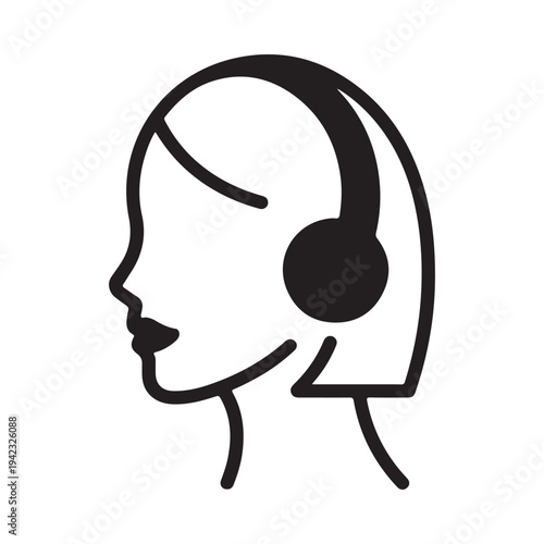 A simple black and white line drawing depicts a woman s profile wearing large headphones