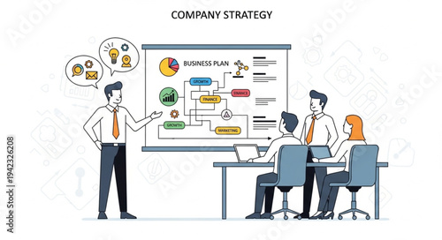 Business meeting with presentation on whiteboard.