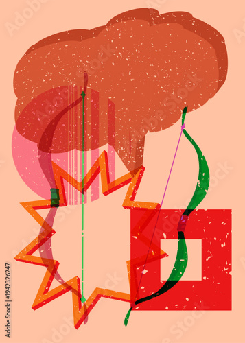 Risograph Ancient arrow with speech bubble with geometric shapes. Objects in trendy riso graph print texture style design with geometry elements.