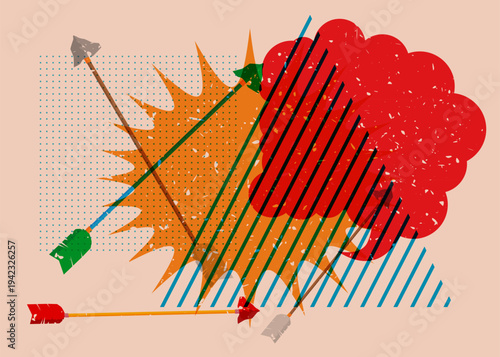 Risograph Ancient arrow with speech bubble with geometric shapes. Objects in trendy riso graph print texture style design with geometry elements.