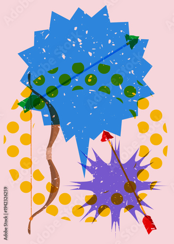 Risograph Ancient arrow with speech bubble with geometric shapes. Objects in trendy riso graph print texture style design with geometry elements.