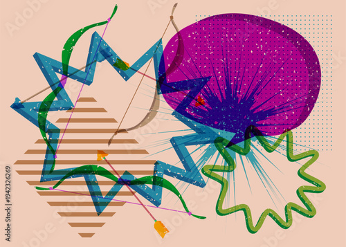 Risograph Ancient arrow with speech bubble with geometric shapes. Objects in trendy riso graph print texture style design with geometry elements.