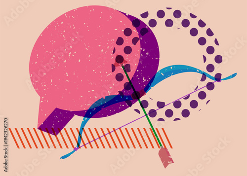Risograph Ancient arrow with speech bubble with geometric shapes. Objects in trendy riso graph print texture style design with geometry elements.