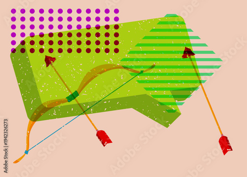 Risograph Ancient arrow with speech bubble with geometric shapes. Objects in trendy riso graph print texture style design with geometry elements.