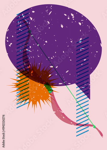 Risograph Ancient arrow with speech bubble with geometric shapes. Objects in trendy riso graph print texture style design with geometry elements.