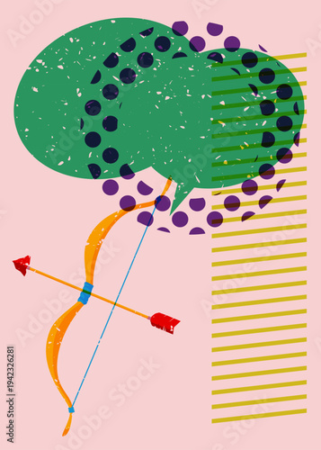 Risograph Ancient arrow with speech bubble with geometric shapes. Objects in trendy riso graph print texture style design with geometry elements.