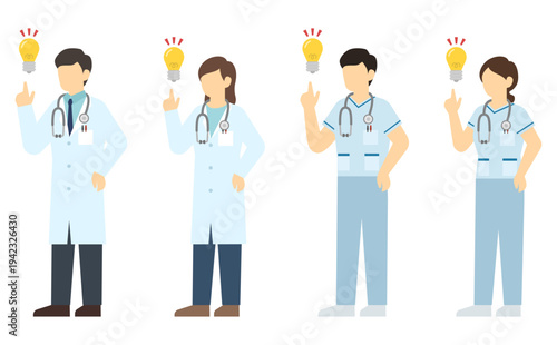 フラットイラスト：アイデアを思いつく医者と看護師セット