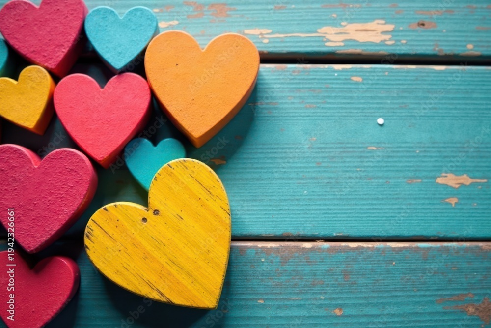 Obraz premium Close-up of colorful wooden hearts against weathered wood Home decor , chic, valentine, vibrant