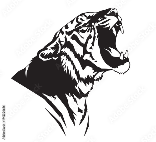 Aggressive Tiger Roaring with Mouth Open, Powerful and Fierce Animal Illustration for Wildlife Enthusiasts and T-Shirt Designs