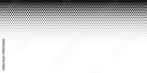 Fading hexagon gradient texture. Vanishing honeycomb pattern background. Geometric hexagonal halftone tech overlay backdrop. Black grunge halfton wallpaper. Vector retro dot texure wallpaper