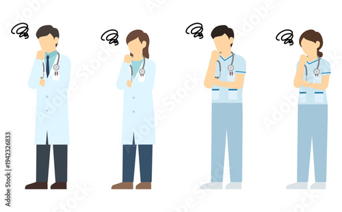 フラットイラスト：悩んでいる医者と看護師セット