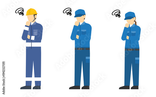 フラットイラスト：悩んでいる作業員セット