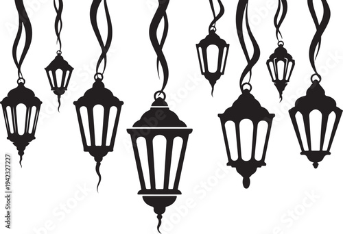 Black lanterns hanging from twisted ribbons in a row