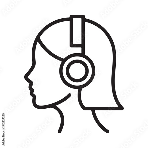 A simple line art illustration depicting a woman s profile listening to music with headphones on