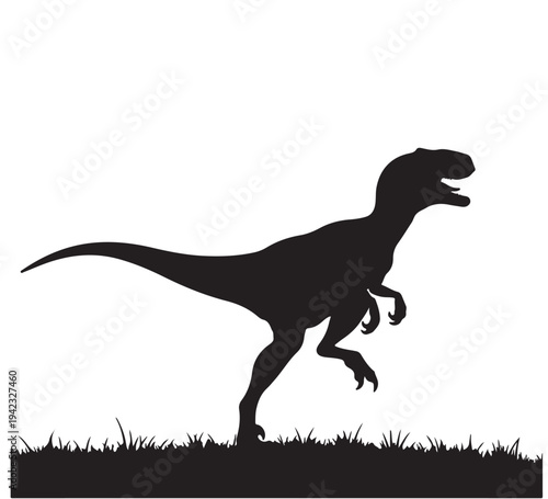 Dynamic silhouette of an ancient predator, a fierce raptor-like dinosaur, captured in a striking black and white illustration, evoking prehistoric wilderness and raw power and primal majesty