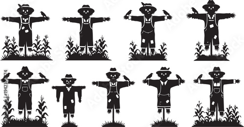 Scarecrows in various poses on a white background illustration