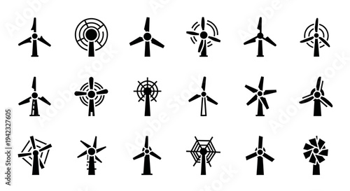 Diverse collection of wind turbine icons representing sustainable clean energy generation and eco-friendly renewable power technology, essential for environmental projects