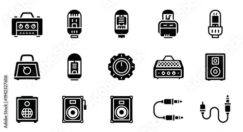 Vector silhouette icons of audio equipment amplifiers, vacuum tubes, speakers, and cables. Essential for music, sound engineering, and technology-themed design projects