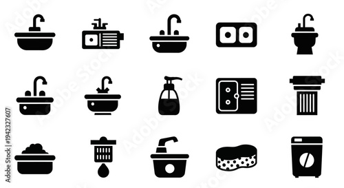 Essential Bathroom and Plumbing Fixtures Icon Set A Comprehensive Collection of Sink, Faucet, and Utility Appliance Vector Graphics for Home and Cleaning Designs