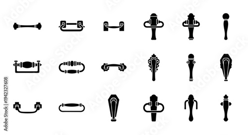 Decorative collection of classic and antique furniture hardware designs, featuring elegant drawer pulls, cabinet handles, and ornate elements as versatile graphic silhouettes for projects