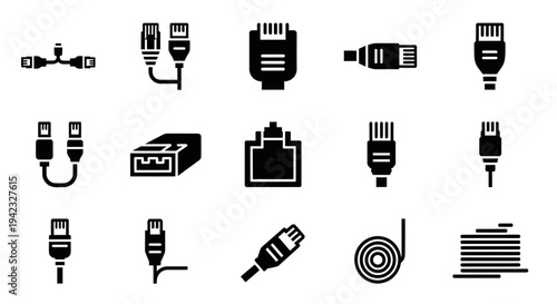 A comprehensive collection of monochrome silhouette icons depicting various network cables, adapters, and essential data connectors for modern digital communication and computing