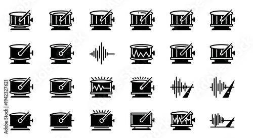 A diverse collection of graphic icons depicting musical drums, percussive instruments, and sound wave elements, perfect for conveying rhythm and beat in digital design projects