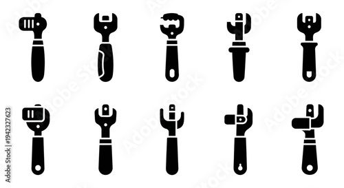 Collection of various black wrench icons on a plain white background displayed from different viewpoints