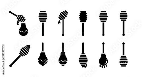 A collection of honey dippers with unique designs and patterns, illustrated in a clean and modern style