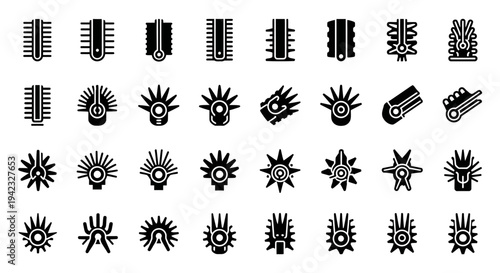 Collection of various abstract black and white graphic elements, symbols, and shapes arranged in a grid pattern for design use