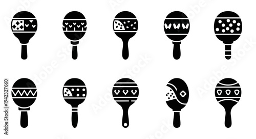 Collection of assorted maracas with decorative patterns and designs displayed in a grid arrangement