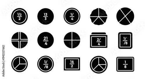 Collection of mathematical fraction icons displayed on various circular and rectangular shapes viewed from a straightforward perspective