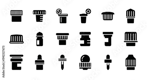Collection of black silhouetted industrial machinery icons on a clean white background