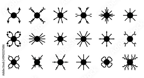 Collection of various abstract black silhouettes of objects with protrusions arranged in a grid pattern on a plain background
