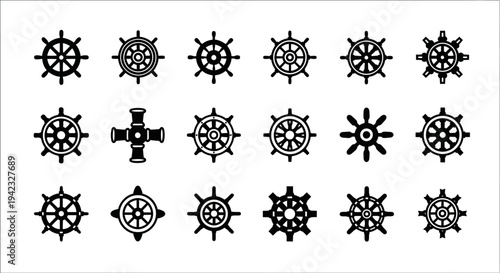 Collection of various black symbolic icons arranged in a grid pattern on a plain white background viewed from directly above