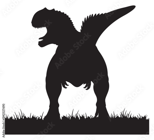 Silhouette of a fearsome tyrannosaurus rex dinosaur standing tall on grass, roaring with its mouth open in a prehistoric jungle scene, iconic ancient creature representation