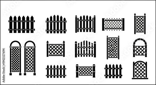 Collection of various fence designs and gate styles in different patterns and silhouettes