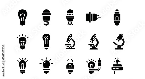 A collection of science and technology icons, including light bulbs and microscopes, displayed on a clean white background from a straightforward viewpoint