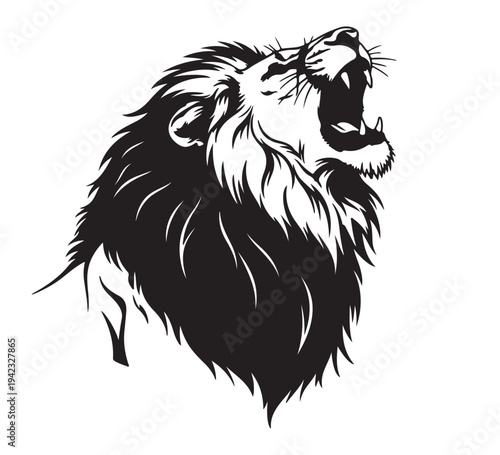 Monochrome illustration of a majestic roaring lion's head, embodying raw strength, courage, and untamed spirit. This powerful imagery conveys fierce majesty and natural leadership