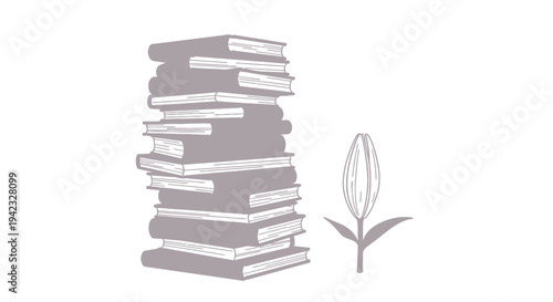 Stack of Books with Lily Bud Illustration.