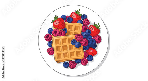 Two golden-brown square waffles are generously topped with fresh strawberries, blueberries, and raspberries on a round white plate.