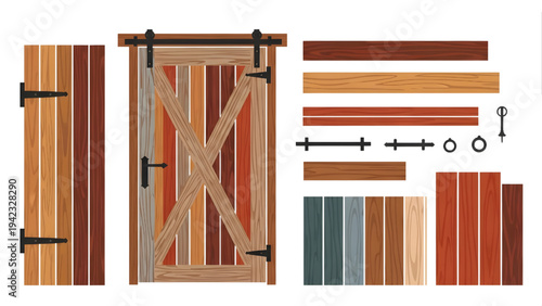 Modern Farmhouse Barn Doors Flat Vector Wood Texture Set for Rustic Interior Design and Architecture