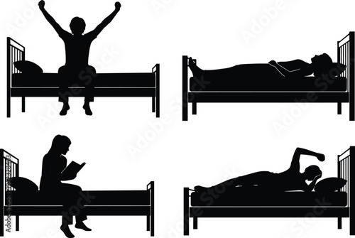 Sleeping and Waking in Bed Silhouette Set Person Resting Reading and Stretching Morning Routine Vector Illustration Collection