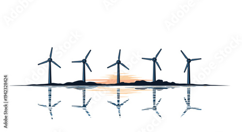 Five stylized wind turbines are silhouetted against a vibrant sunset and reflected in a calm body of water below a clear sky.
