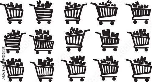 Shopping carts filled with products on white background illustration