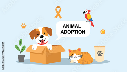 Cute puppy in a cardboard box sits next to a sleeping cat and parrot to promote animal adoption and caring for homeless pets.