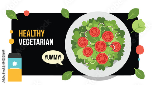 Healthy vegetarian salad with fresh lettuce and tomatoes is displayed on a plate with the word yummy in a speech bubble.