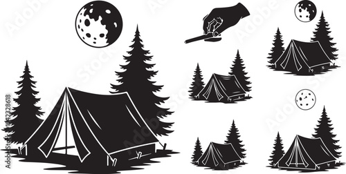 Camping Tents Under Moonlight in Forest Silhouette Illustration Set