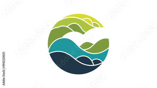 Abstract circular logo design features stylized green hills and blue waves representing nature, land, and water elements.