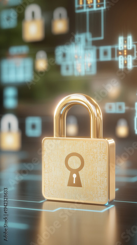A digital padlock symbolizing cybersecurity, surrounded by binary codes and lock icons, representing online safety and encryption